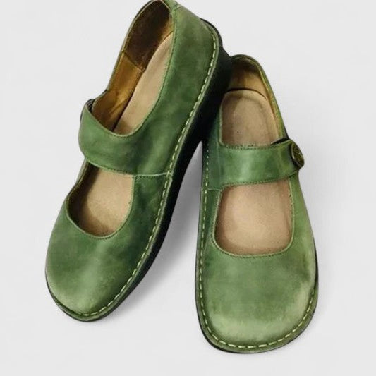 Comfortable Green Leather Mary Jane Shoes for Women with Closed Toe Buckle Casual Style