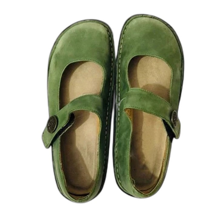 Comfortable Green Leather Mary Jane Shoes for Women with Closed Toe Buckle Casual Style