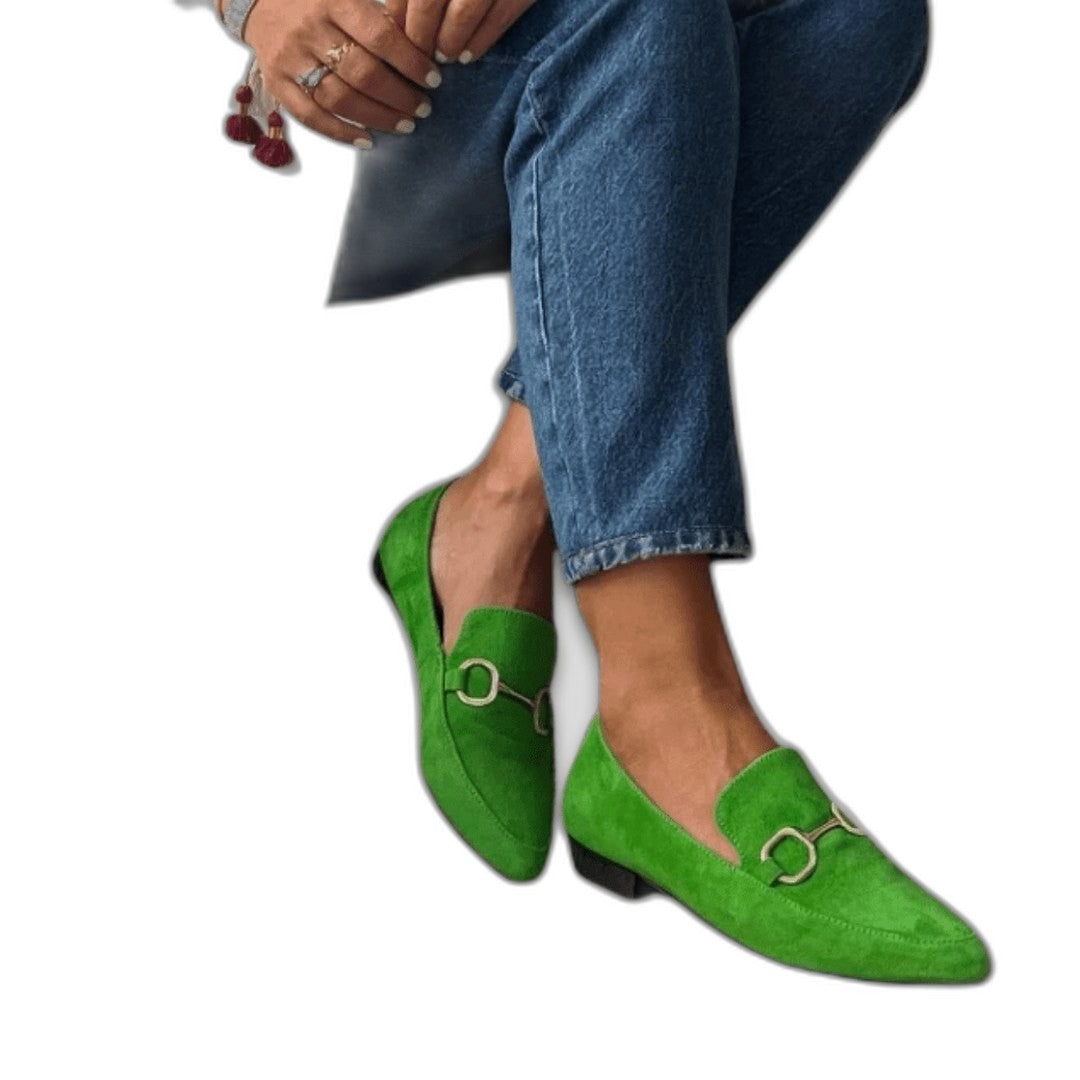 Comfortable Green Suede Loafers for Women with Closed Toe Pointed Casual Style