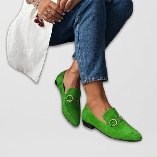 Comfortable Green Suede Loafers for Women with Closed Toe Pointed Casual Style