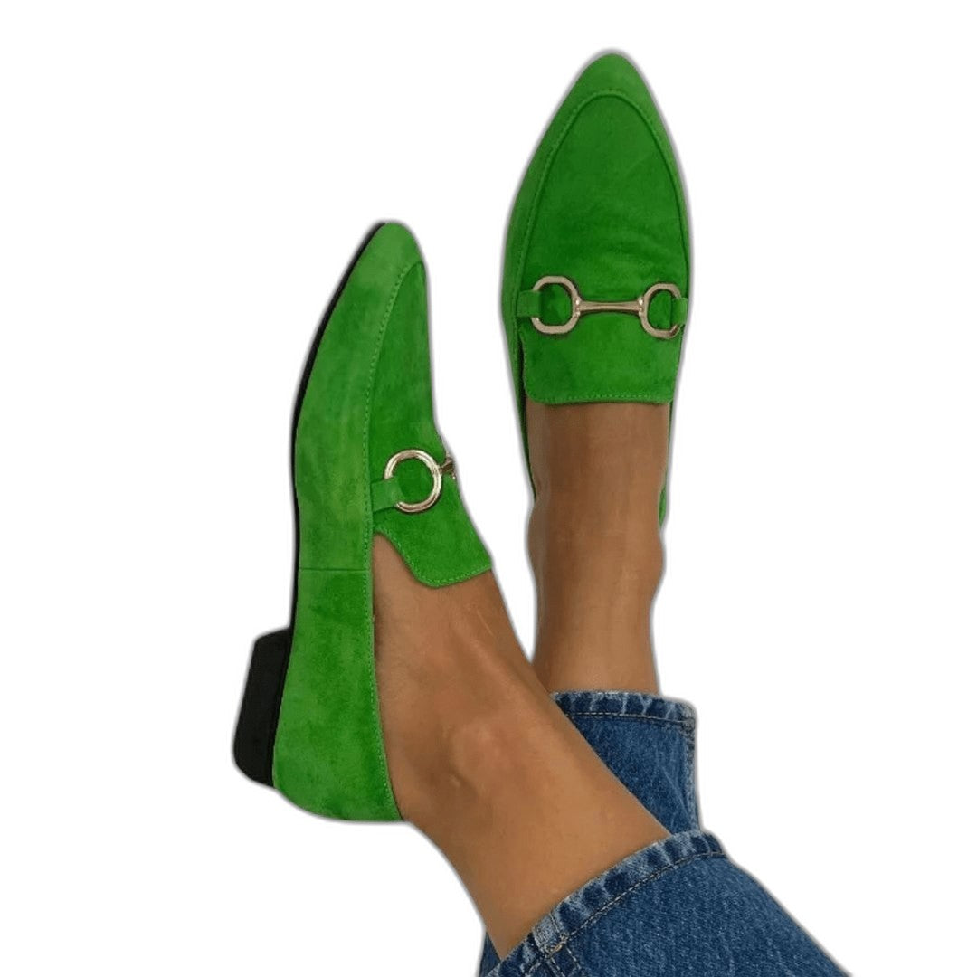 Comfortable Green Suede Loafers for Women with Closed Toe Pointed Casual Style