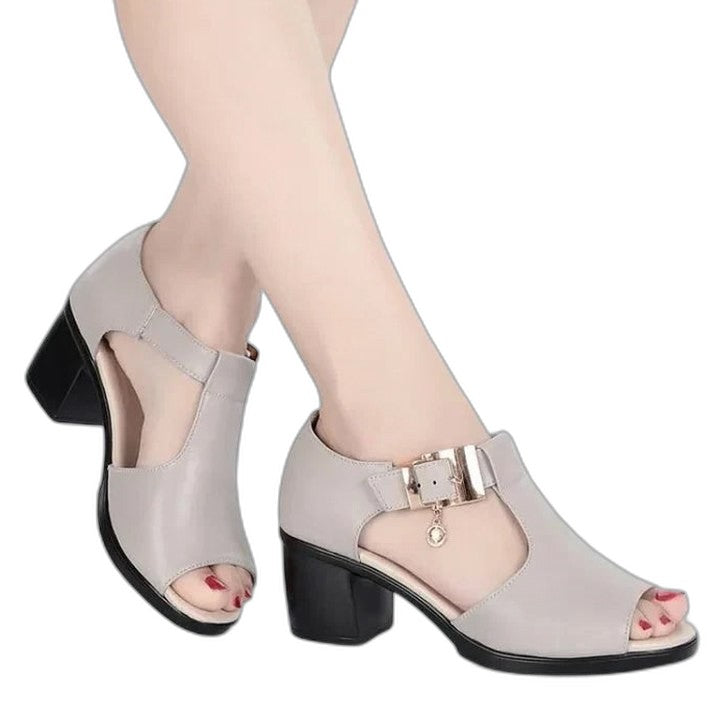 Comfortable Grey Heels for Women with Block Heel Open Toe Buckle Casual Style