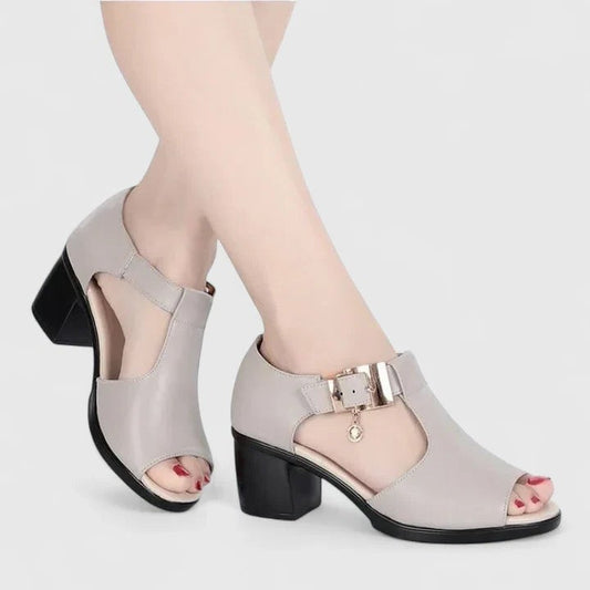 Comfortable Grey Heels for Women with Block Heel Open Toe Buckle Casual Style