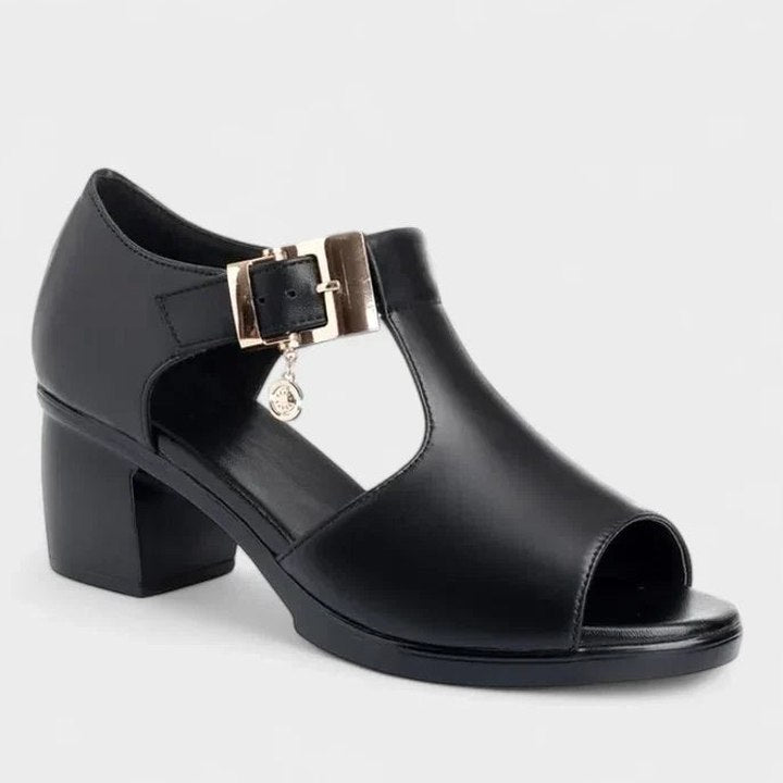 Comfortable Grey Heels for Women with Block Heel Open Toe Buckle Casual Style