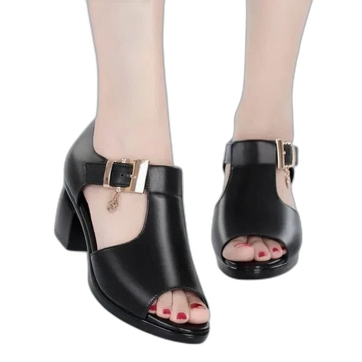 Comfortable Grey Heels for Women with Block Heel Open Toe Buckle Casual Style