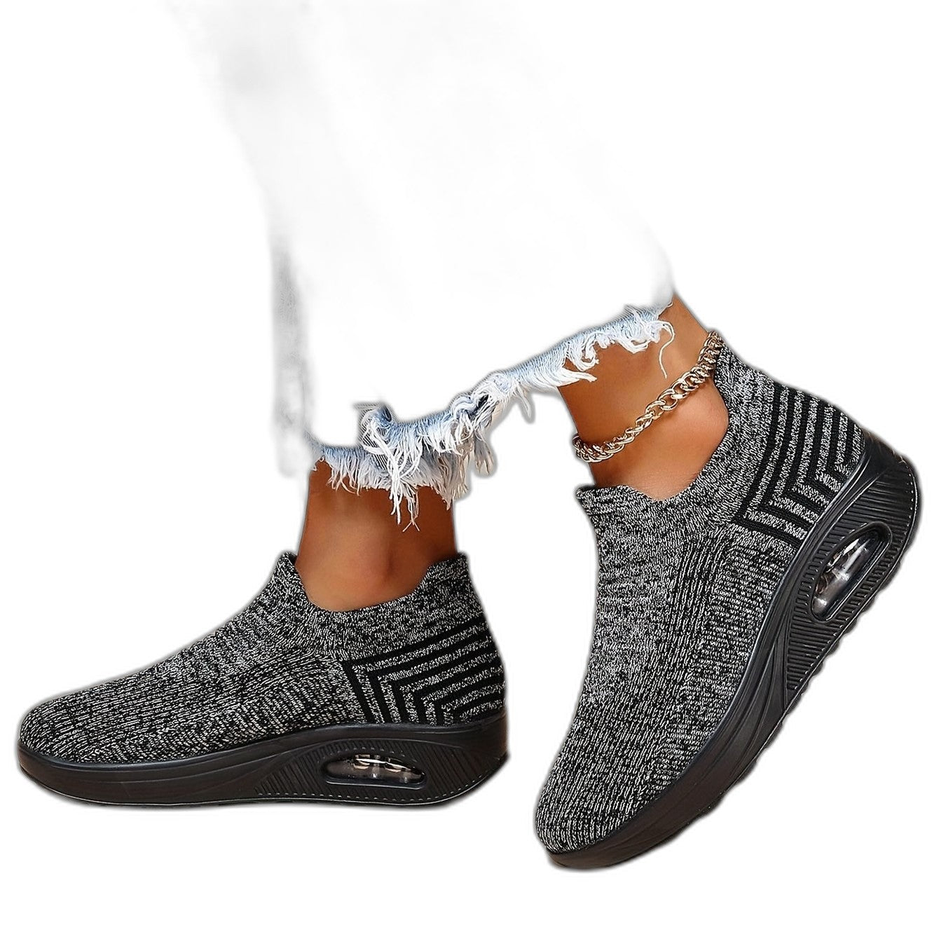 Comfortable Grey Knit Sneakers for Women with Platform Closed Toe Casual Style
