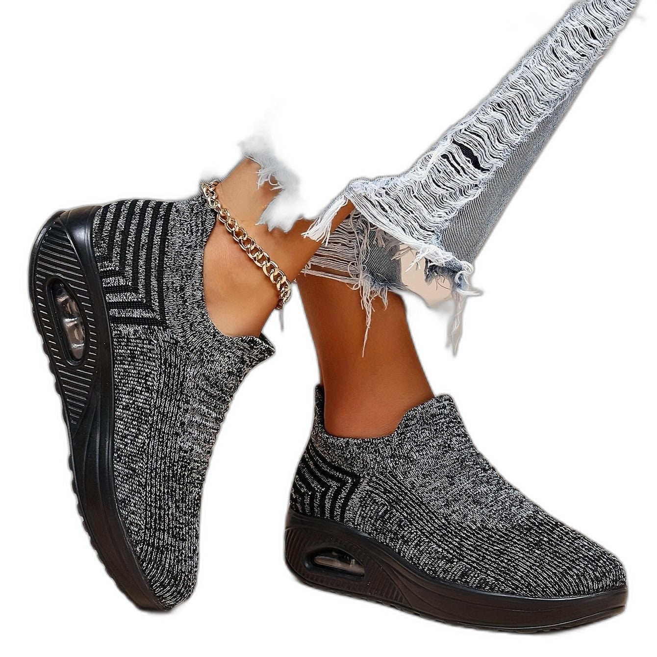 Comfortable Grey Knit Sneakers for Women with Platform Closed Toe Casual Style