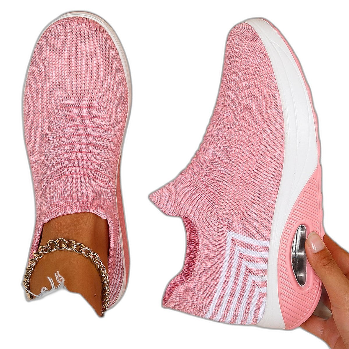 Comfortable Grey Knit Sneakers for Women with Platform Closed Toe Casual Style