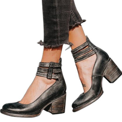 Comfortable Grey Leather Ankle Boots for Women with Block Heel Closed Toe Buckle Casual Style