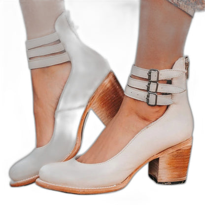 Comfortable Grey Leather Ankle Boots for Women with Block Heel Closed Toe Buckle Casual Style