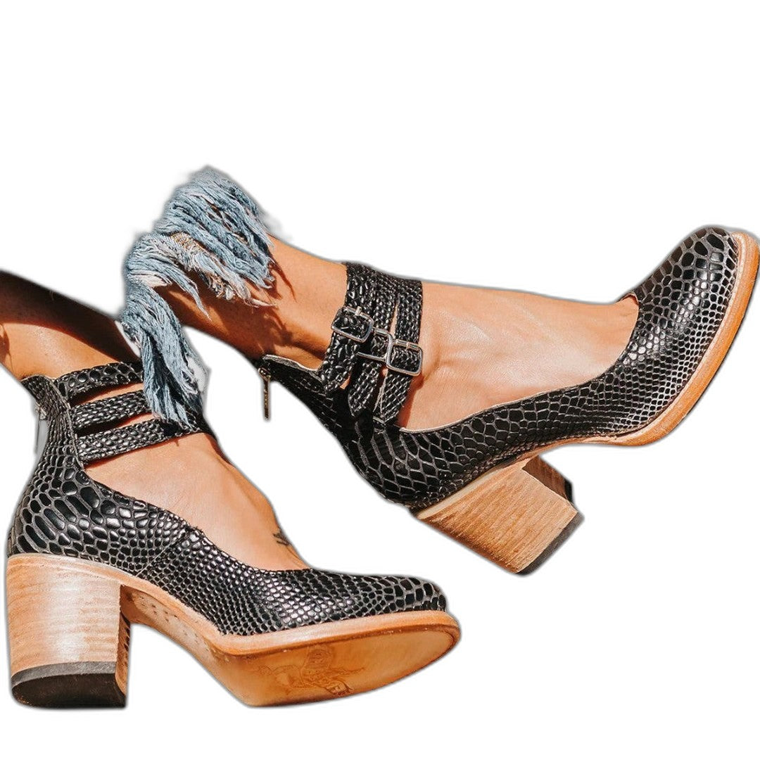 Comfortable Grey Leather Ankle Boots for Women with Block Heel Closed Toe Buckle Casual Style
