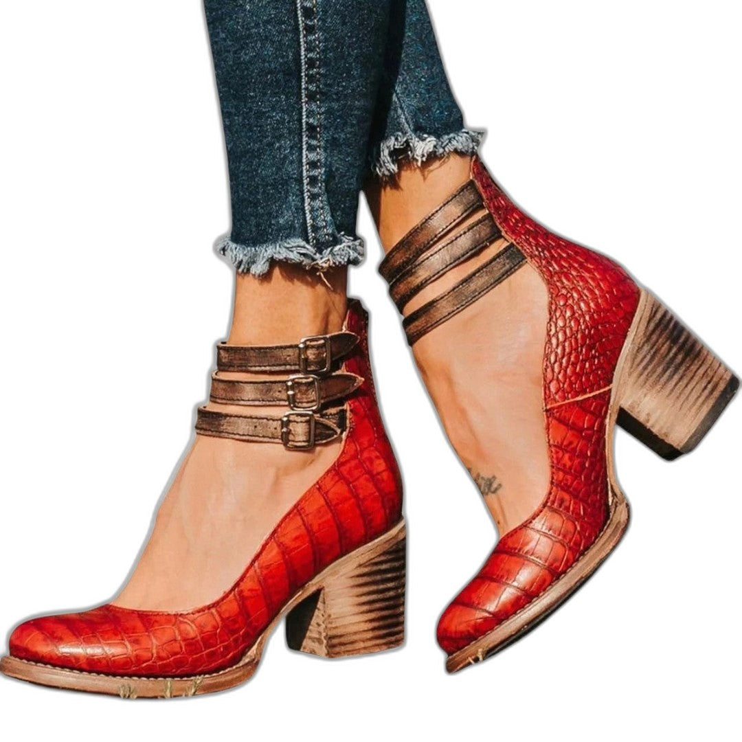 Comfortable Grey Leather Ankle Boots for Women with Block Heel Closed Toe Buckle Casual Style
