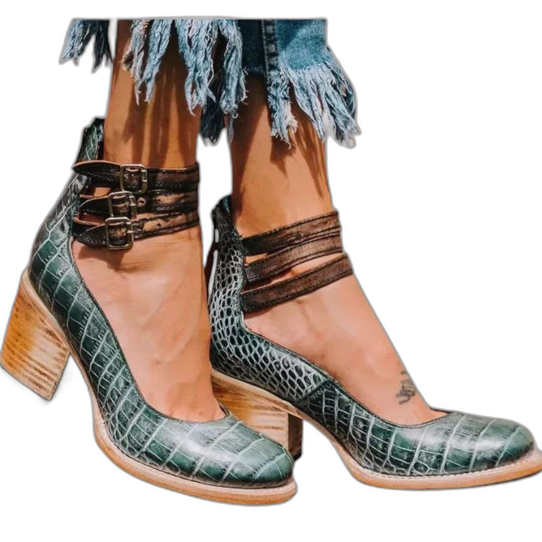 Comfortable Grey Leather Ankle Boots for Women with Block Heel Closed Toe Buckle Casual Style