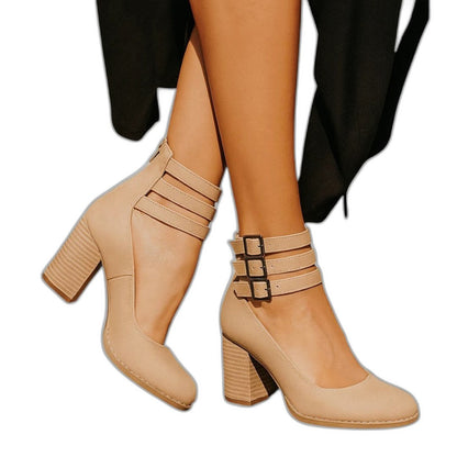 Comfortable Grey Leather Ankle Boots for Women with Block Heel Closed Toe Buckle Casual Style
