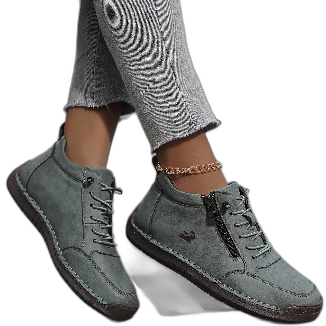 Comfortable Grey Leather Ankle Boots for Women with Closed Toe Casual Style