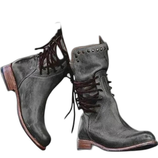 Comfortable Grey Leather Ankle Boots for Women with Closed Toe Lace Up Studded Casual Style