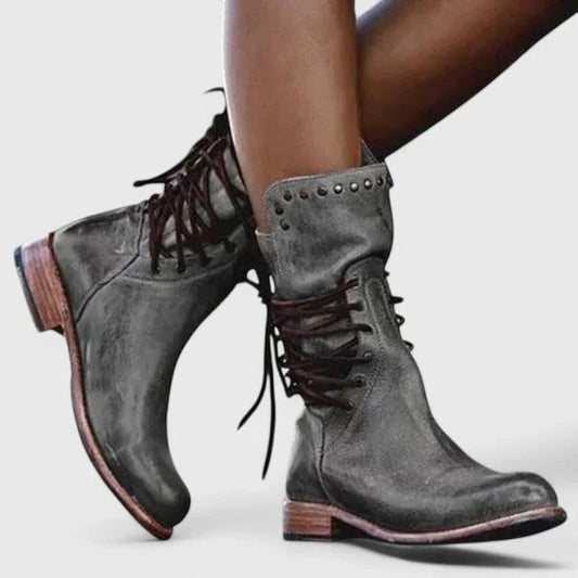 Comfortable Grey Leather Ankle Boots for Women with Closed Toe Lace Up Studded Casual Style