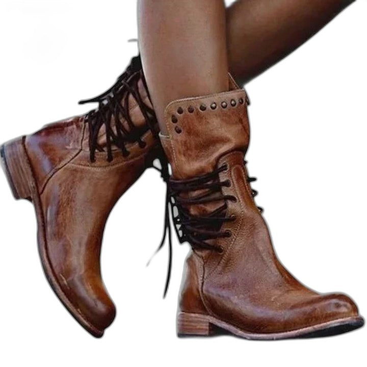 Comfortable Grey Leather Ankle Boots for Women with Closed Toe Lace Up Studded Casual Style