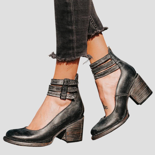 Comfortable Grey Leather Heels for Women with Block Heel Closed Toe Buckle Party Style