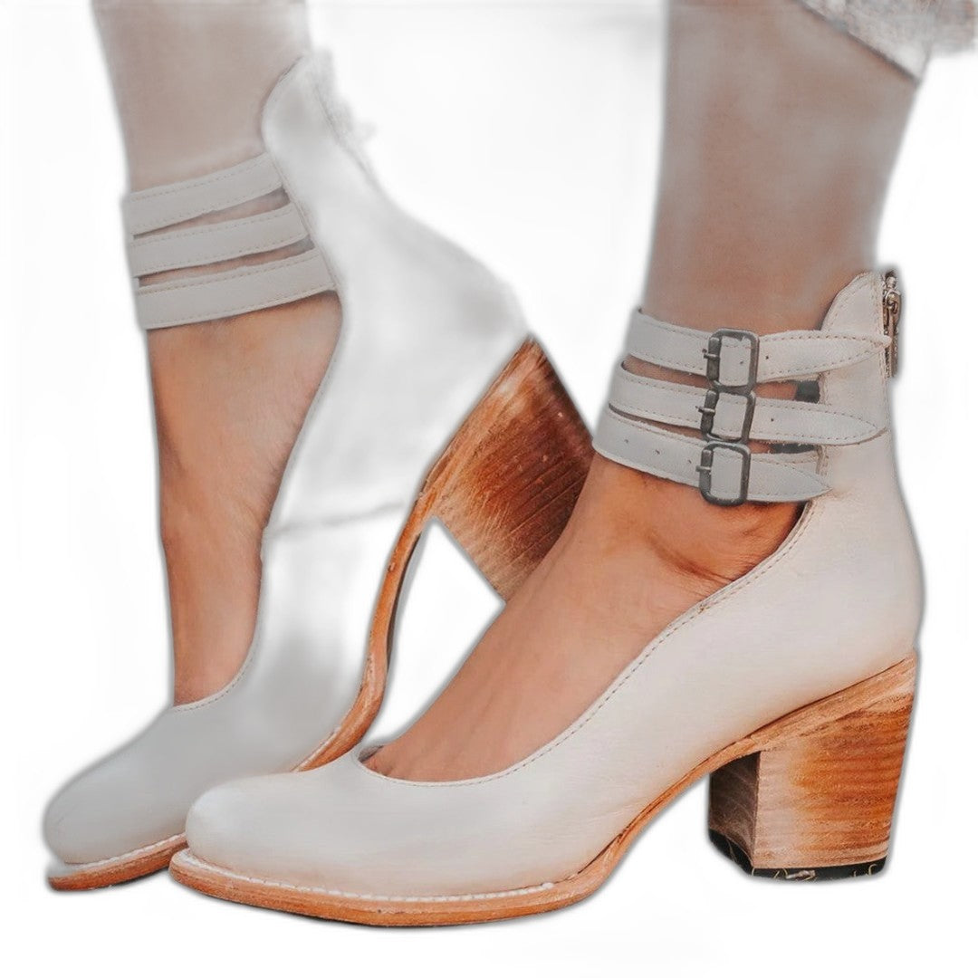 Comfortable Grey Leather Heels for Women with Block Heel Closed Toe Buckle Party Style