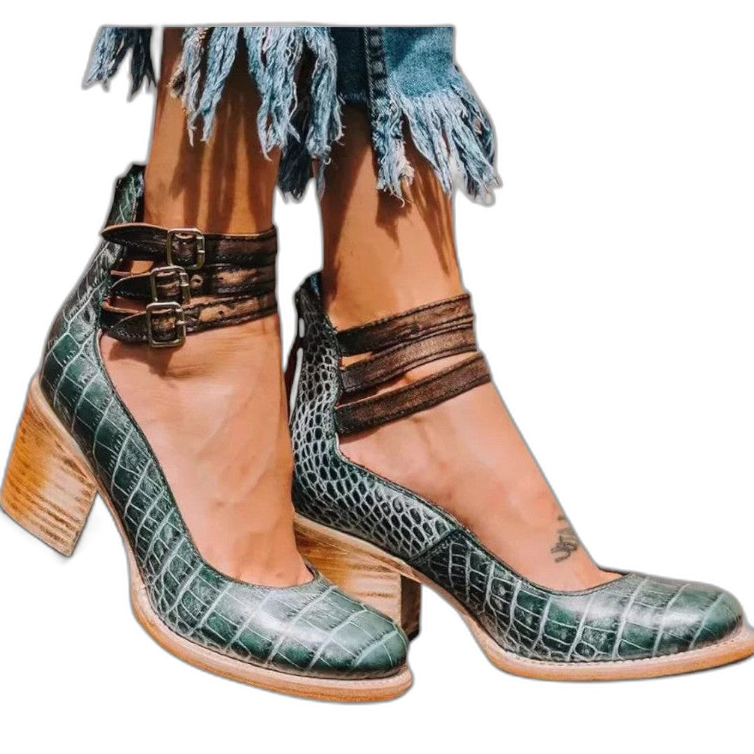 Comfortable Grey Leather Heels for Women with Block Heel Closed Toe Buckle Party Style