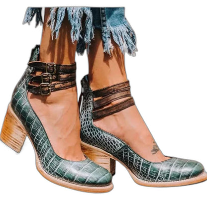 Comfortable Grey Leather Heels for Women with Block Heel Closed Toe Buckle Party Style