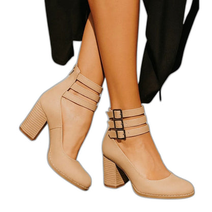 Comfortable Grey Leather Heels for Women with Block Heel Closed Toe Buckle Party Style