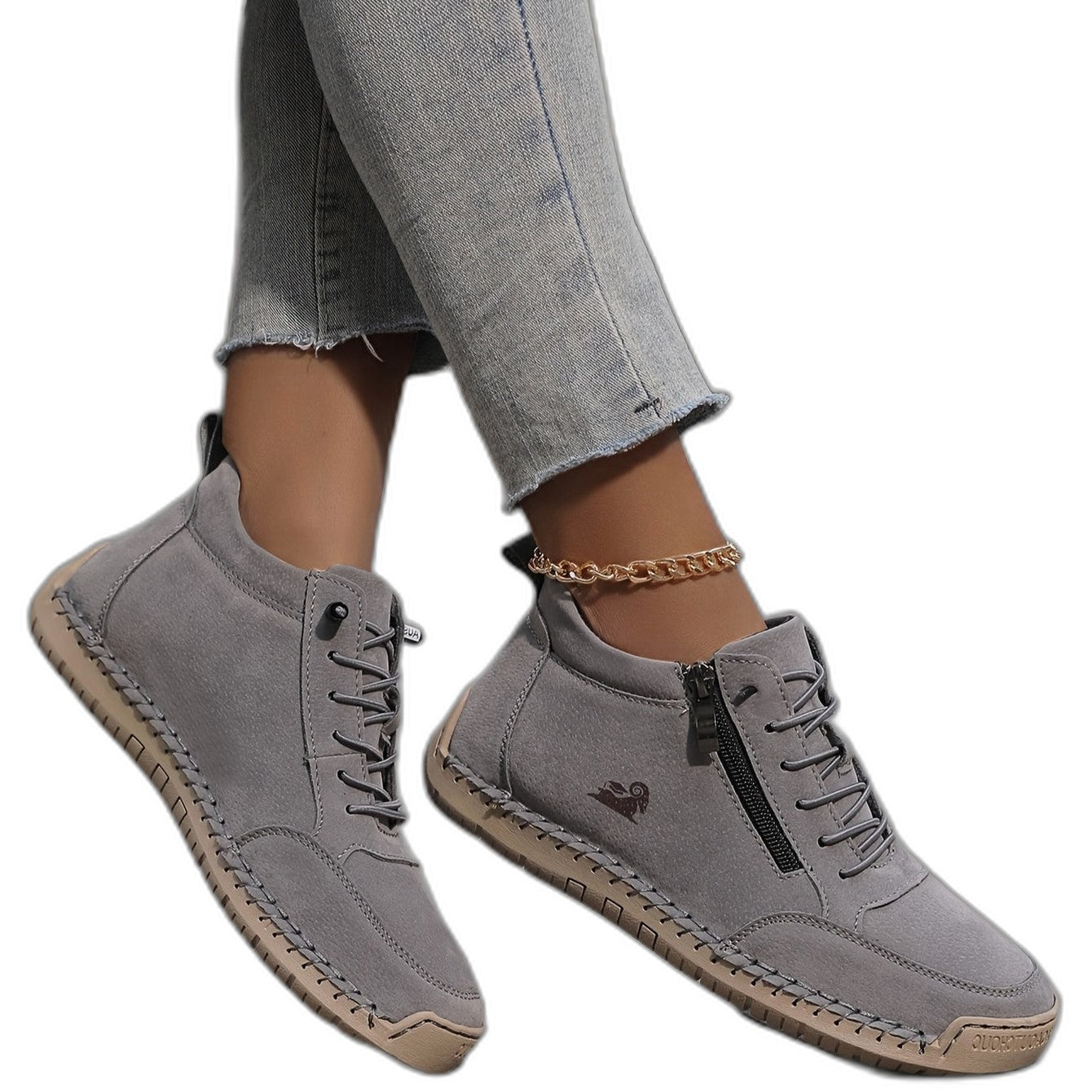 Comfortable Grey Suede Ankle Boots for Women with Closed Toe Lace Up Casual Style