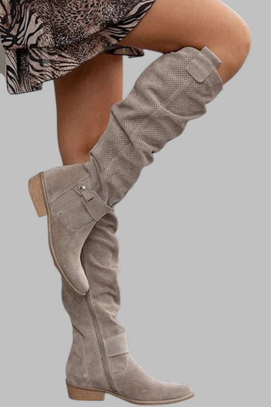 Comfortable Grey Suede Knee High Boots for Women with Block Heel Closed Toe Casual Style