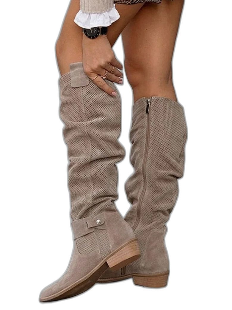 Comfortable Grey Suede Knee High Boots for Women with Block Heel Closed Toe Casual Style