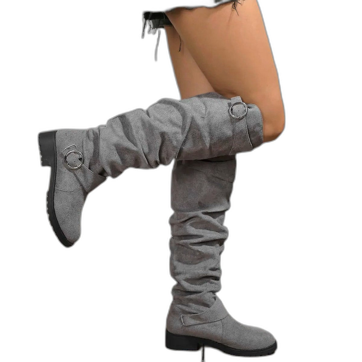 Comfortable Grey Suede Knee High Boots for Women with Closed Toe Buckle Casual Style