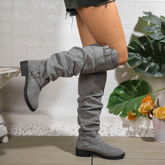 Comfortable Grey Suede Knee High Boots for Women with Closed Toe Buckle Casual Style