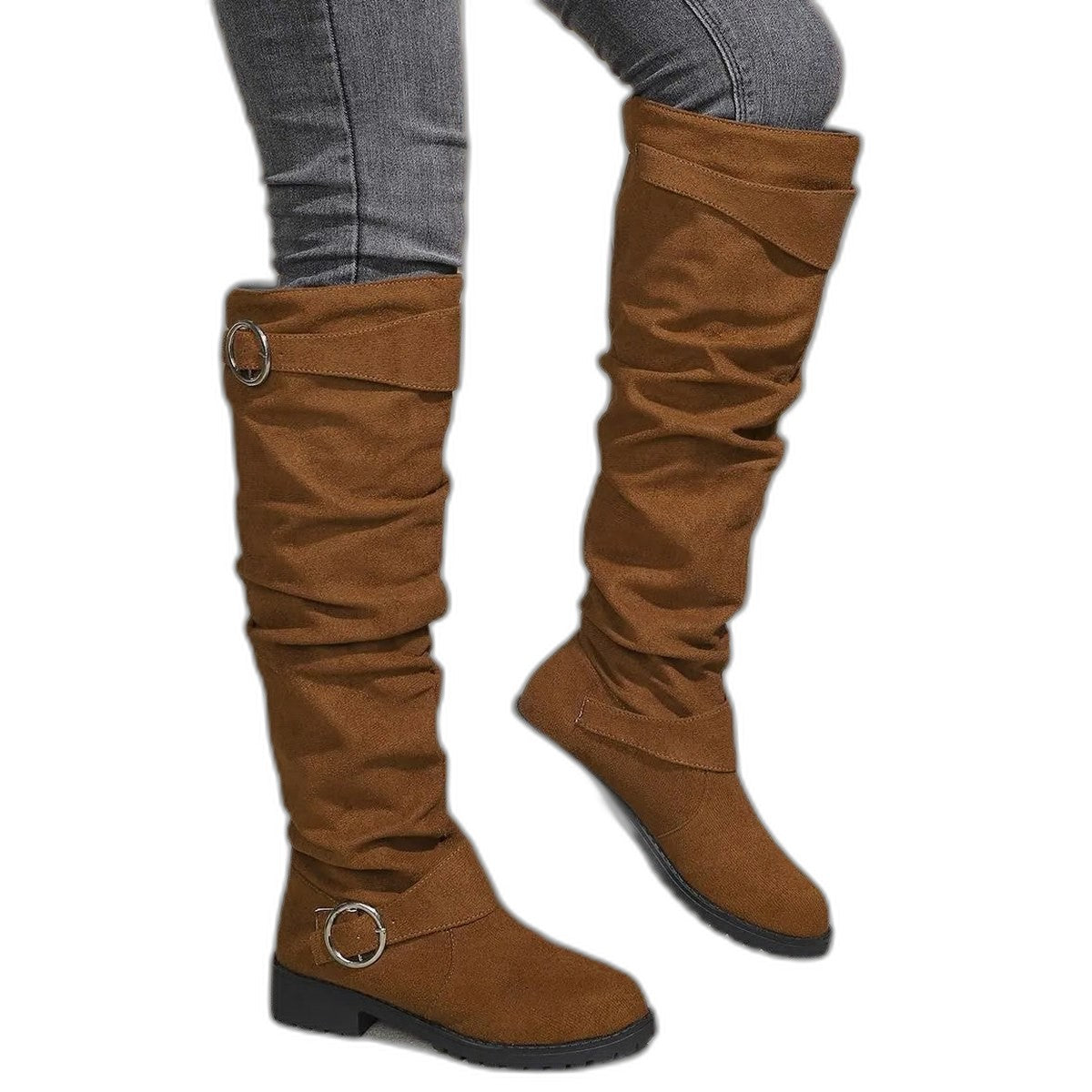 Comfortable Grey Suede Knee High Boots for Women with Closed Toe Buckle Casual Style