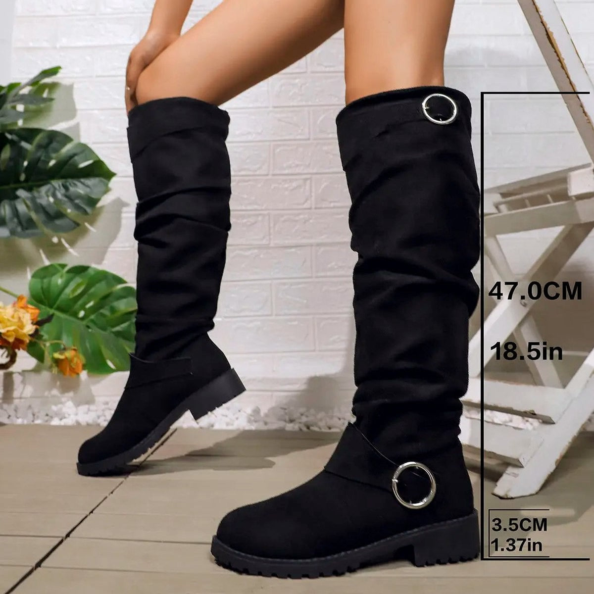 Comfortable Grey Suede Knee High Boots for Women with Closed Toe Buckle Casual Style