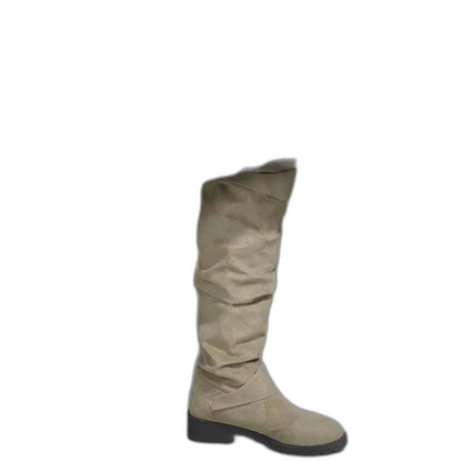 Comfortable Grey Suede Knee High Boots for Women with Closed Toe Buckle Casual Style