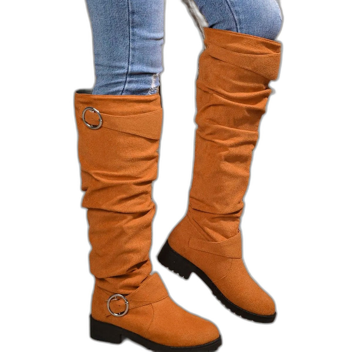 Comfortable Grey Suede Knee High Boots for Women with Closed Toe Buckle Casual Style