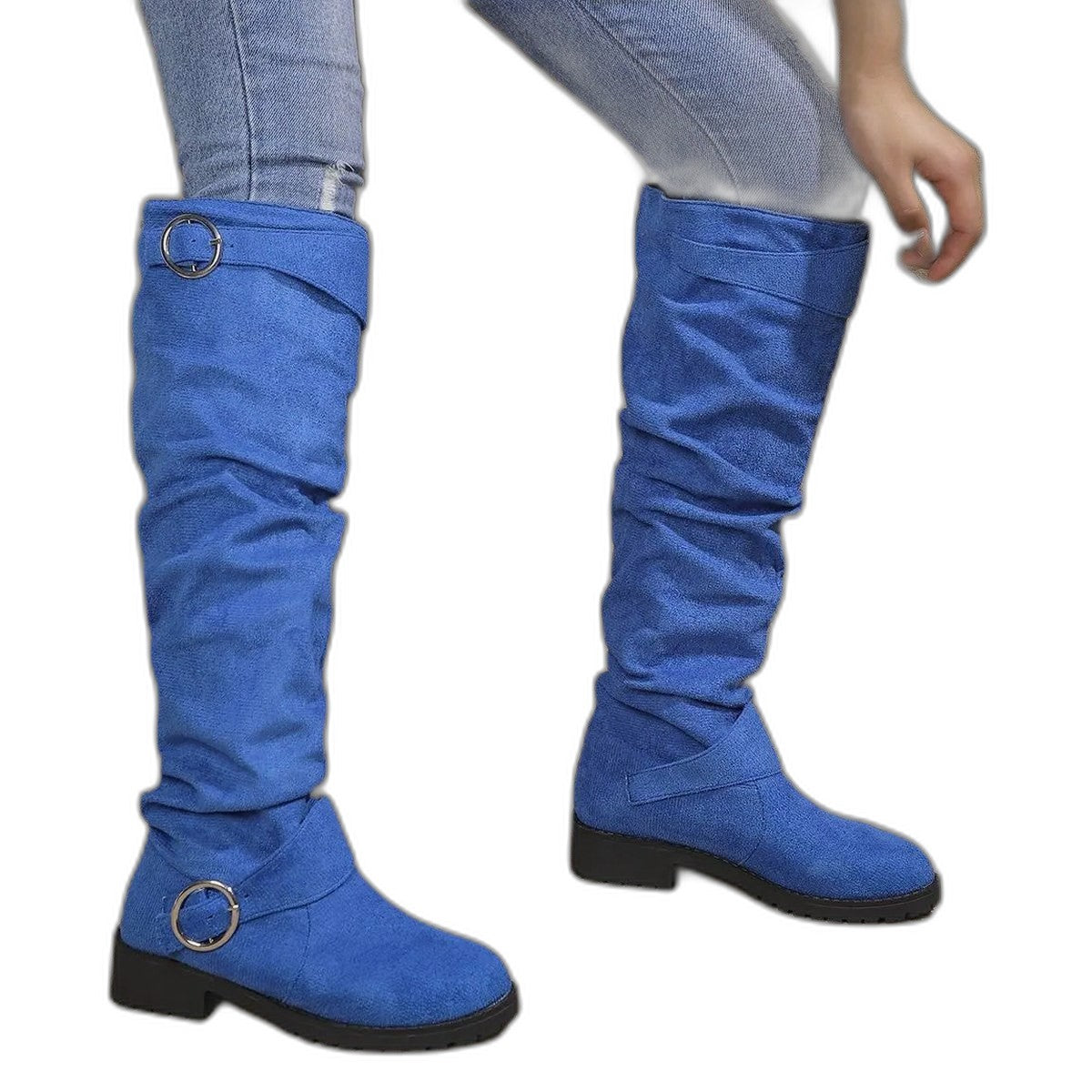 Comfortable Grey Suede Knee High Boots for Women with Closed Toe Buckle Casual Style