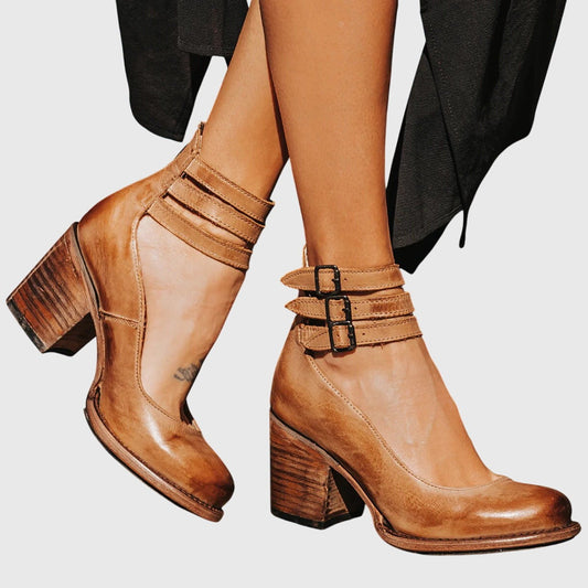 Comfortable Leather Ankle Boots for Women with Block Heel Closed Toe Buckle Casual Style