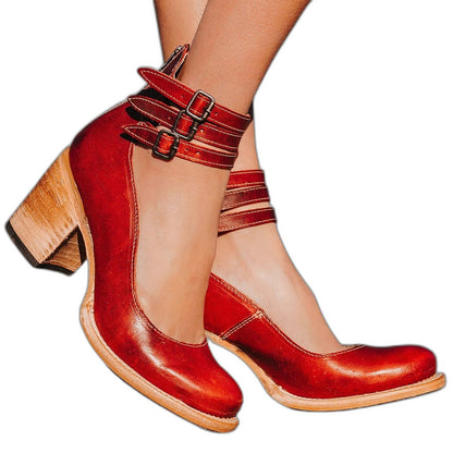 Comfortable Leather Ankle Boots for Women with Block Heel Closed Toe Buckle Casual Style