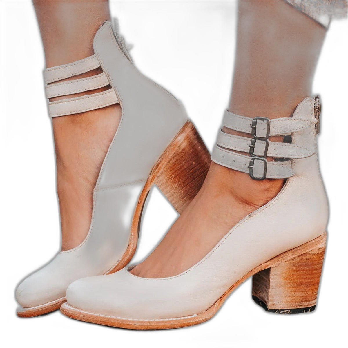 Comfortable Leather Ankle Boots for Women with Block Heel Closed Toe Buckle Casual Style