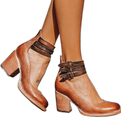 Comfortable Leather Ankle Boots for Women with Block Heel Closed Toe Buckle Casual Style