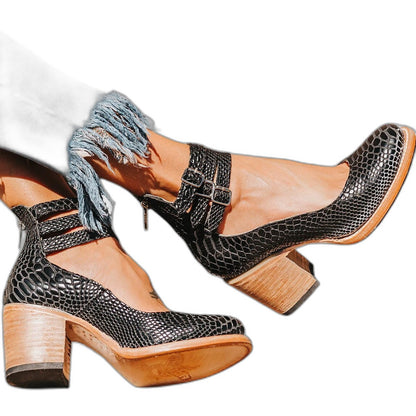 Comfortable Leather Ankle Boots for Women with Block Heel Closed Toe Buckle Casual Style