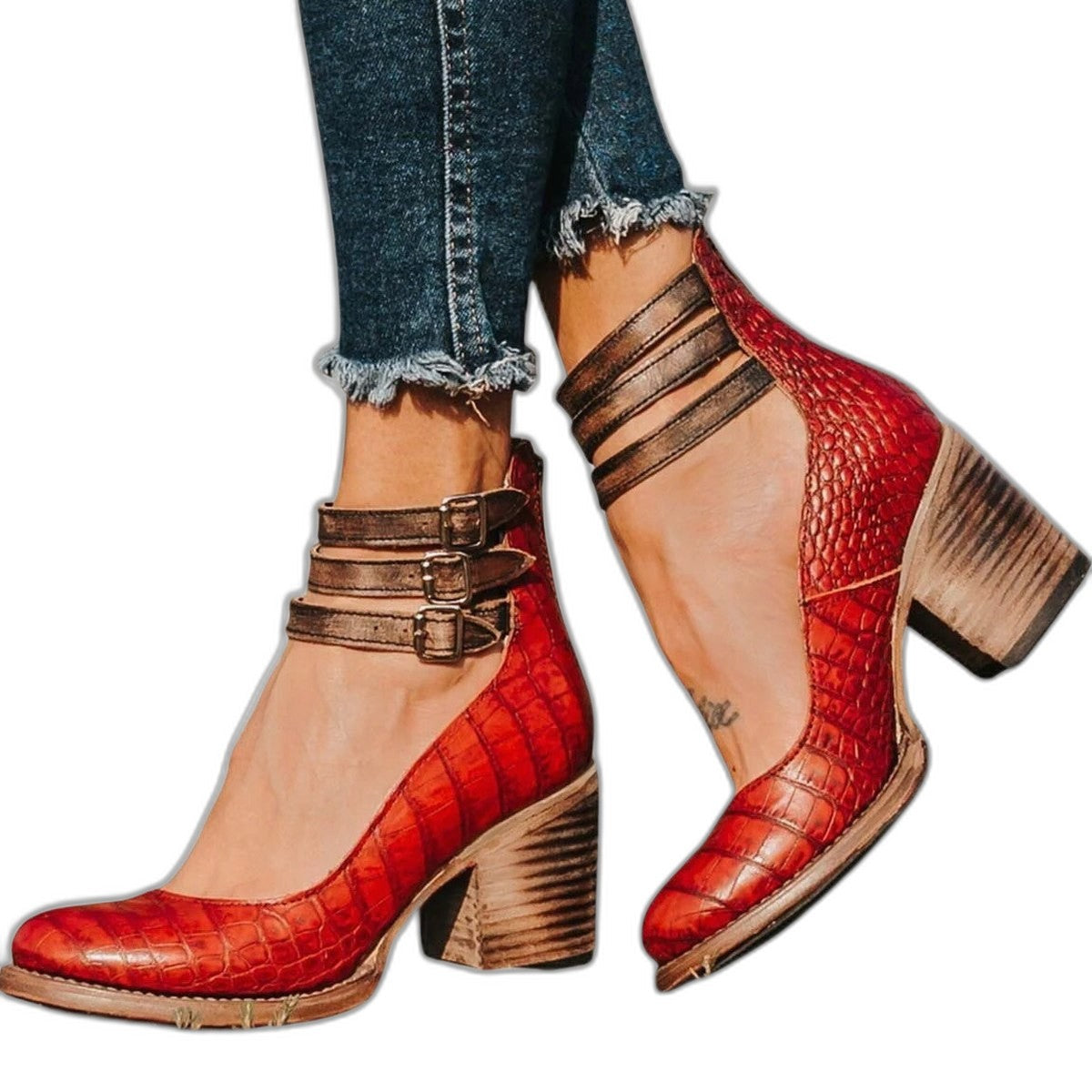 Comfortable Leather Ankle Boots for Women with Block Heel Closed Toe Buckle Casual Style