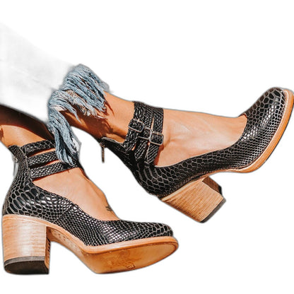 Comfortable Leather Ankle Boots for Women with Block Heel Closed Toe Buckle Casual Style