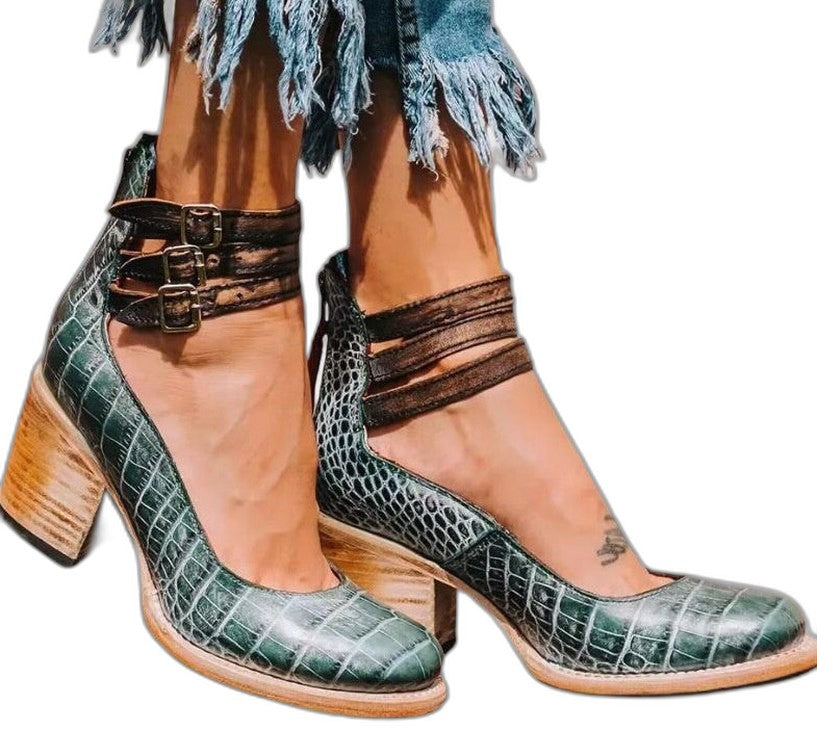 Comfortable Leather Ankle Boots for Women with Block Heel Closed Toe Buckle Casual Style