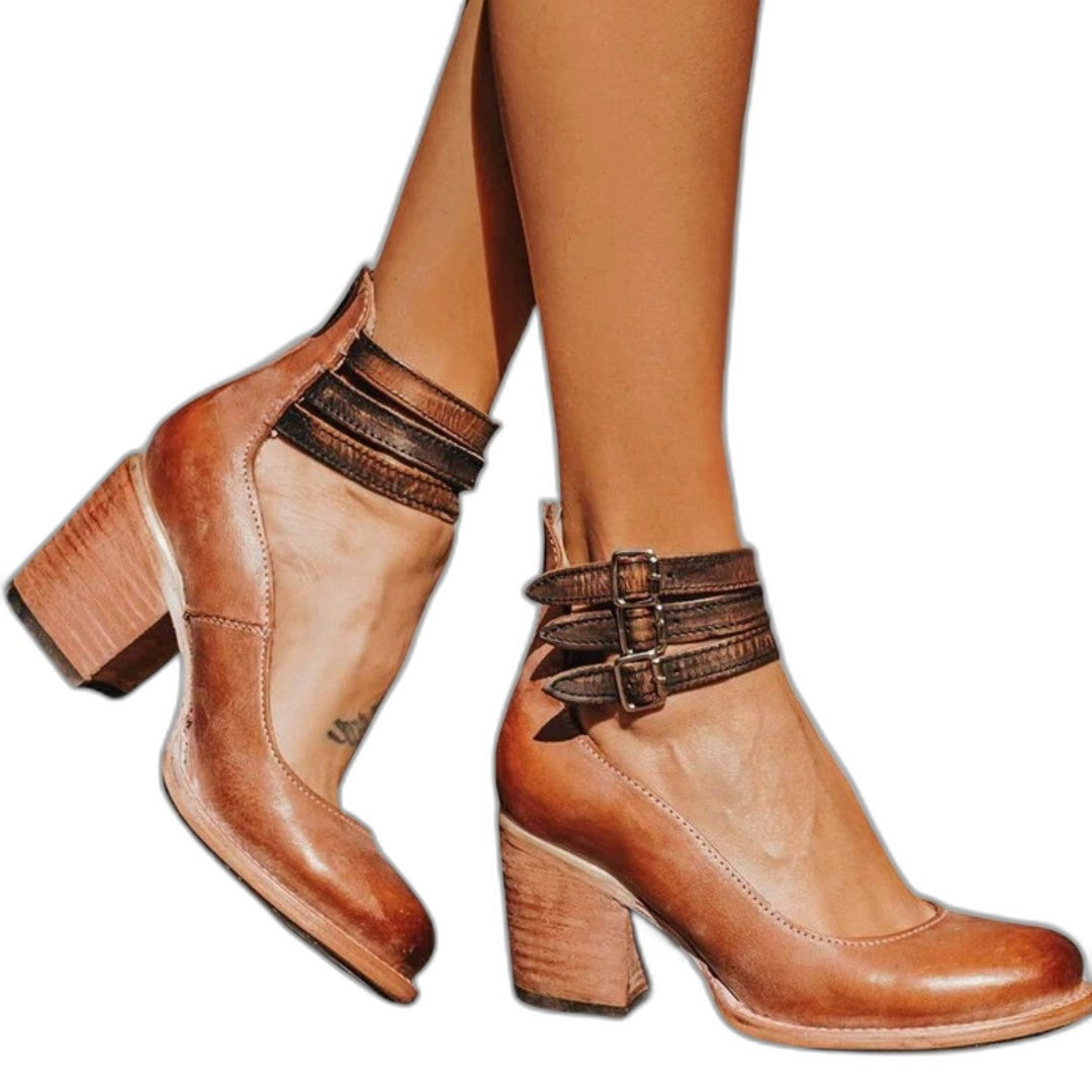 Comfortable Leather Ankle Boots for Women with Block Heel Closed Toe Buckle Casual Style
