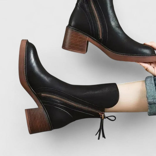 Comfortable Leather Ankle Boots for Women with Block Heel Closed Toe Casual Style