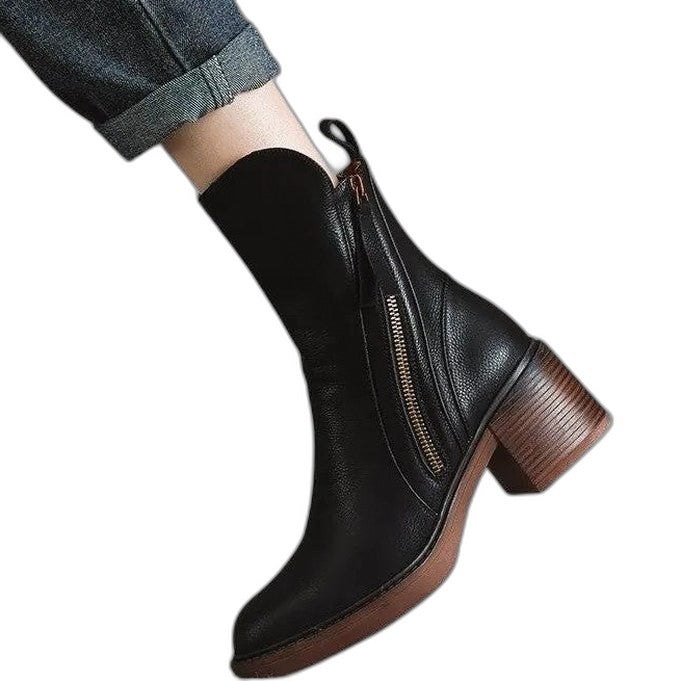 Comfortable Leather Ankle Boots for Women with Block Heel Closed Toe Casual Style