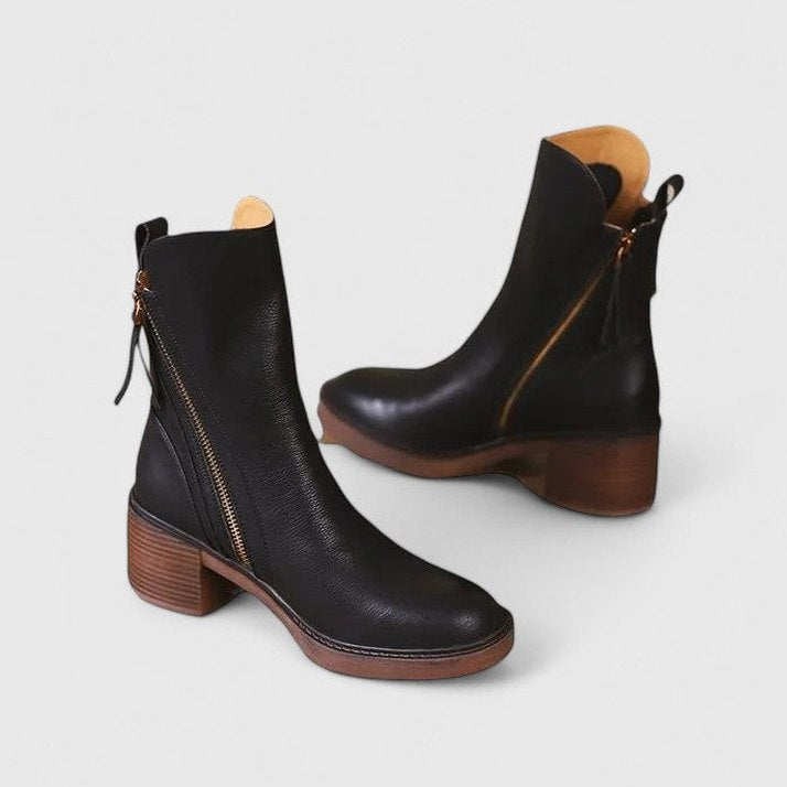 Comfortable Leather Ankle Boots for Women with Block Heel Closed Toe Casual Style