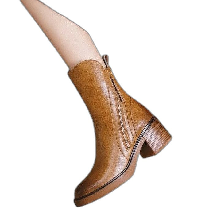 Comfortable Leather Ankle Boots for Women with Block Heel Closed Toe Casual Style